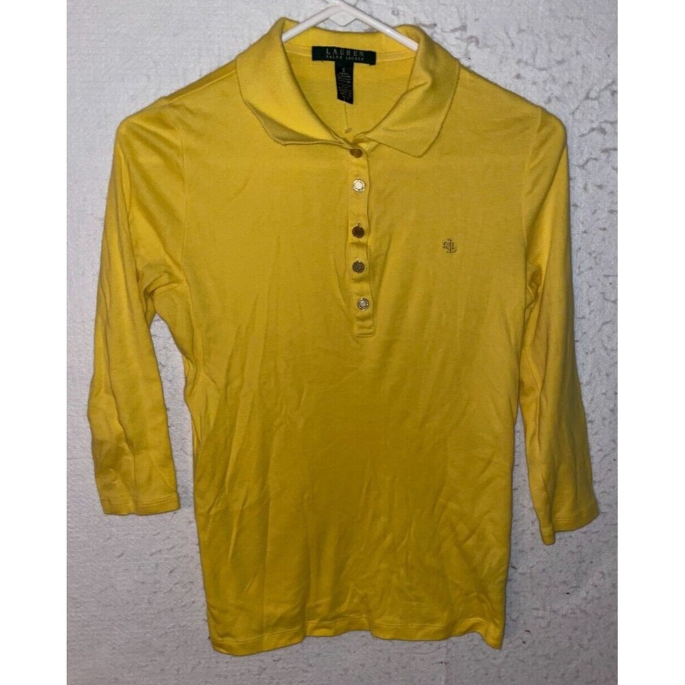 Lauren Ralph Lauren Women's sz S Gold Embroidered Polo Shirt Yellow 3/4 sleeve